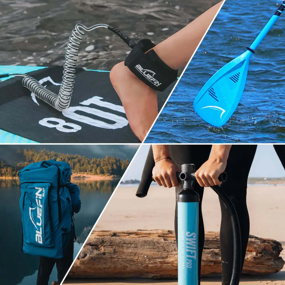 Collage of Bluefin SUP products: ankle leash, blue paddle, backpack, and inflation pump.