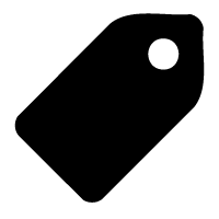 Black price tag icon with a hole for attachment, featuring a pointed end and rounded corner.