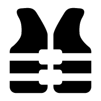 Black life vest icon with two shoulder straps and front buckles, indicating safety gear for water activities