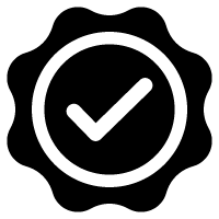 Black and white badge icon featuring a check mark in the center with a scalloped edge