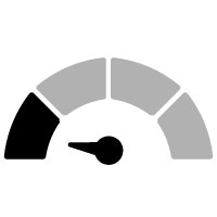 Black speedometer icon with five segments and a pointer indicating speed