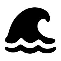 Black wave icon with stylized crest and two wavy lines beneath representing water