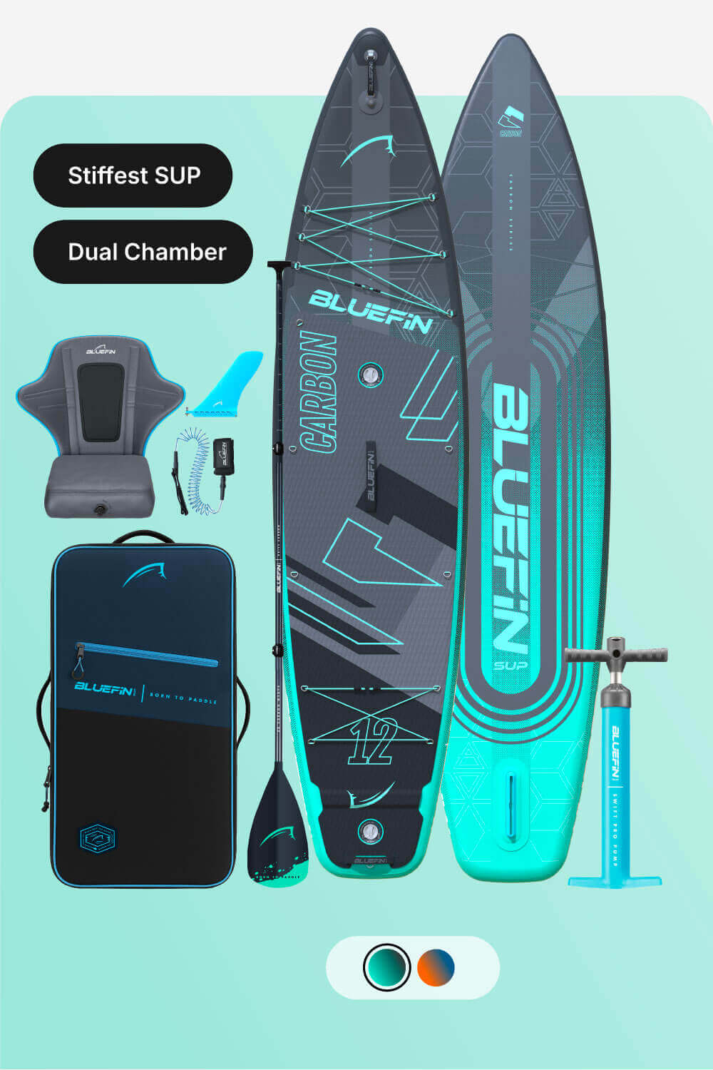 Inflatable paddleboard with dual chamber, paddle, pump, seat, and carrying bag in teal and gray colors.