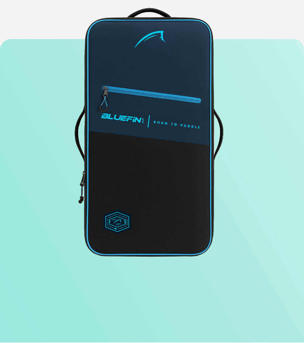 Bluefin paddleboard bag in navy and black with zipper and logo, designed for storage and transport