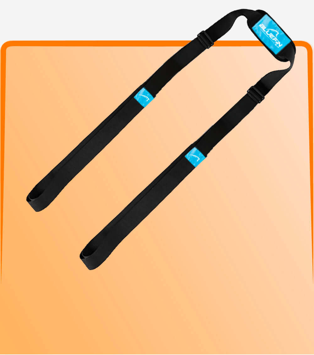 Two black paddleboard straps with blue logos, designed for carrying or securing boards.