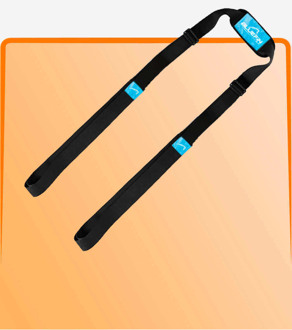 Two black paddleboard straps with blue logos, designed for carrying or securing boards.