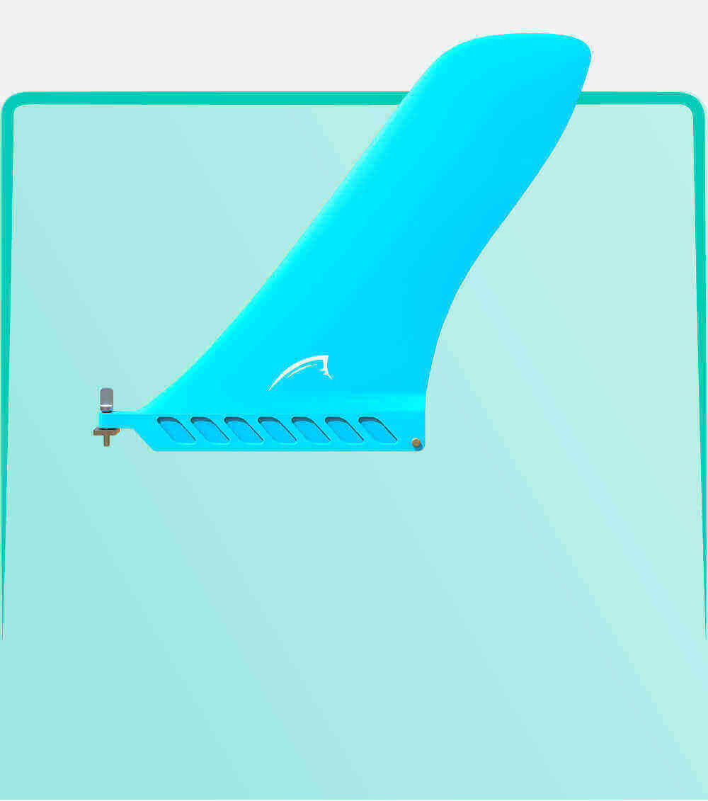 Blue fin for paddleboard with a curved top and slotted base for attachment