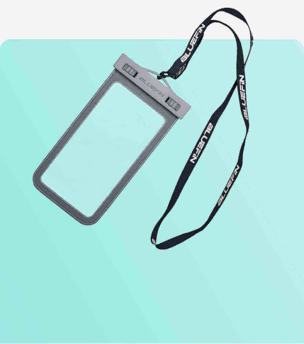 Waterproof phone case with gray frame and adjustable lanyard on a light blue background