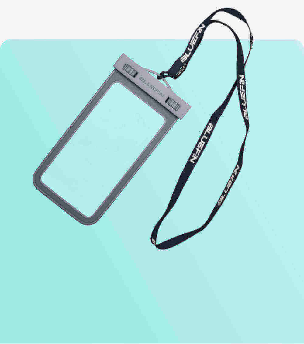 Waterproof phone case with gray frame and adjustable lanyard on a light blue background