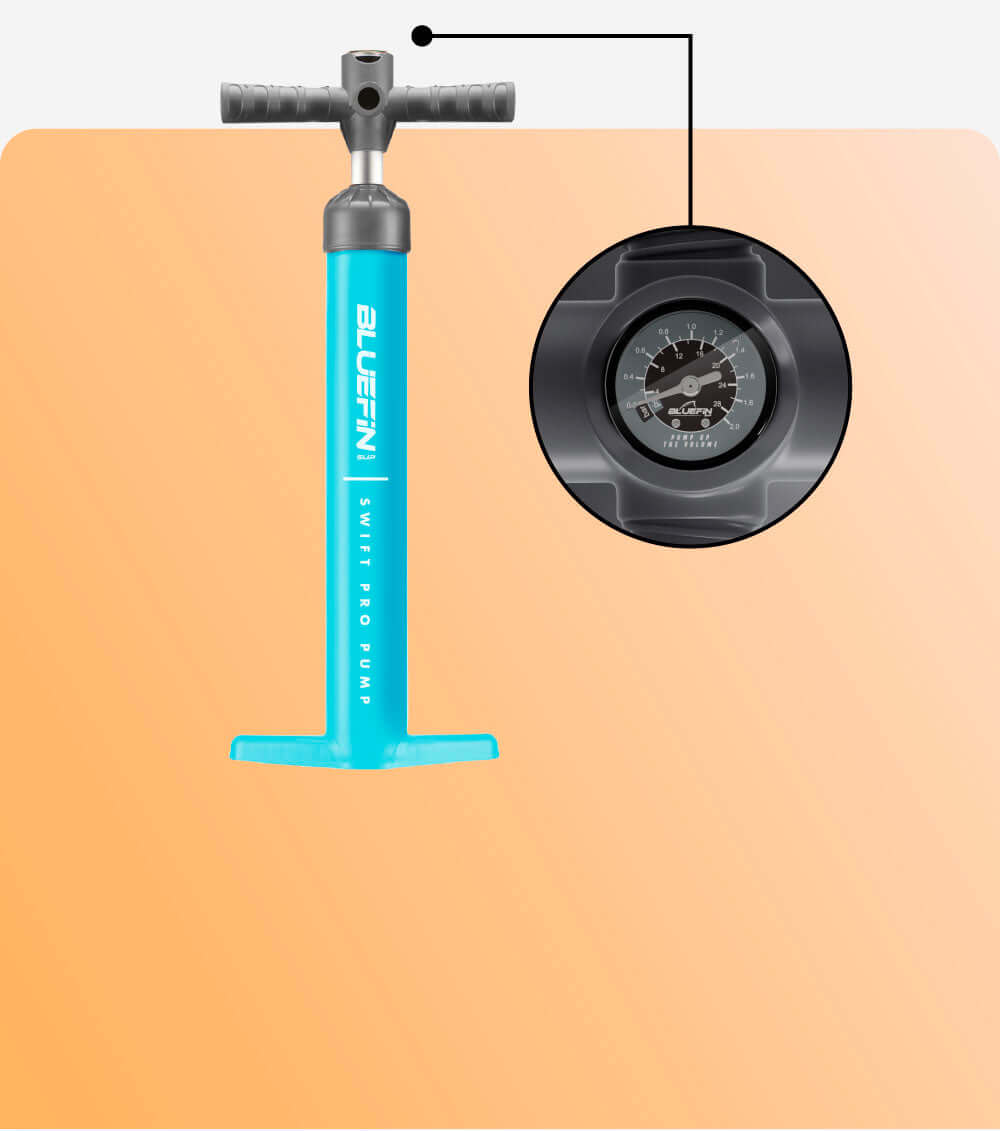 Bluefin Swift Pro Pump in turquoise with a pressure gauge on the side for inflation monitoring