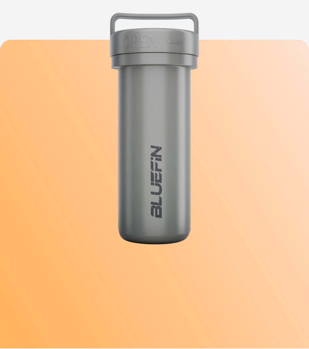 Gray water bottle with a flip-top lid labeled 'OPEN' and the word 'BLUEFIN' printed on the side