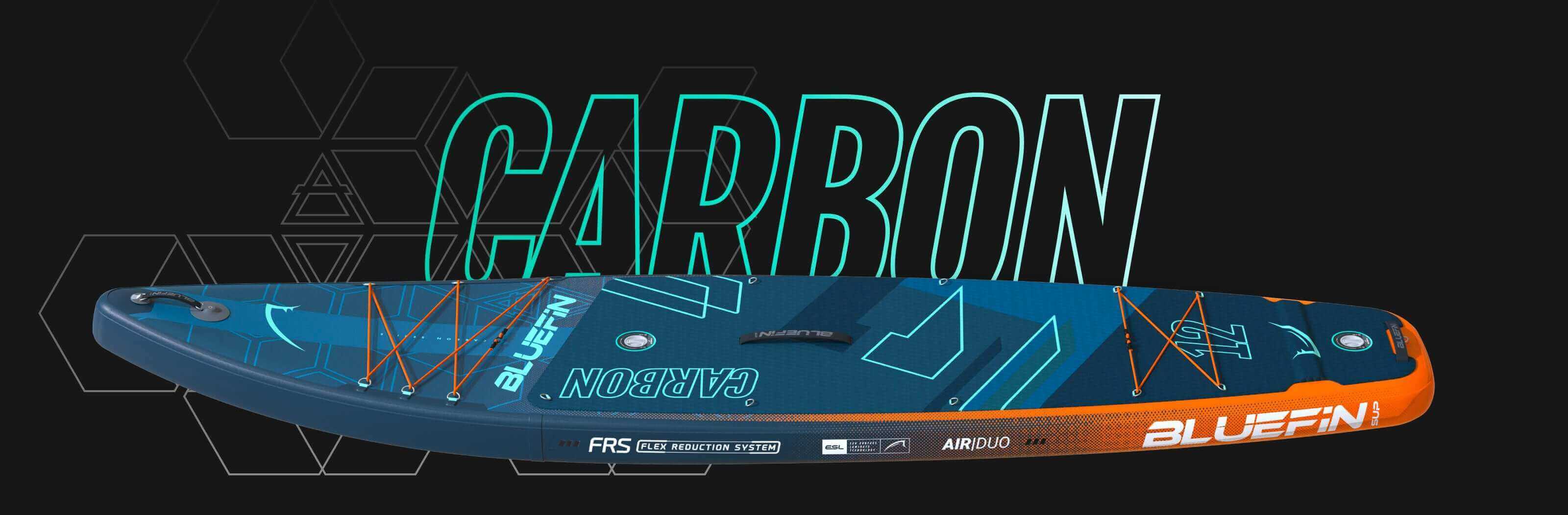 Inflatable paddleboard with blue and orange design, textured deck, center fin, and inflation valve