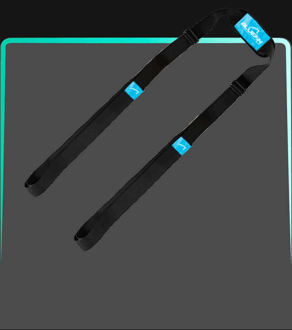 Black carrying strap with blue logo, designed for transporting paddleboards or similar equipment.