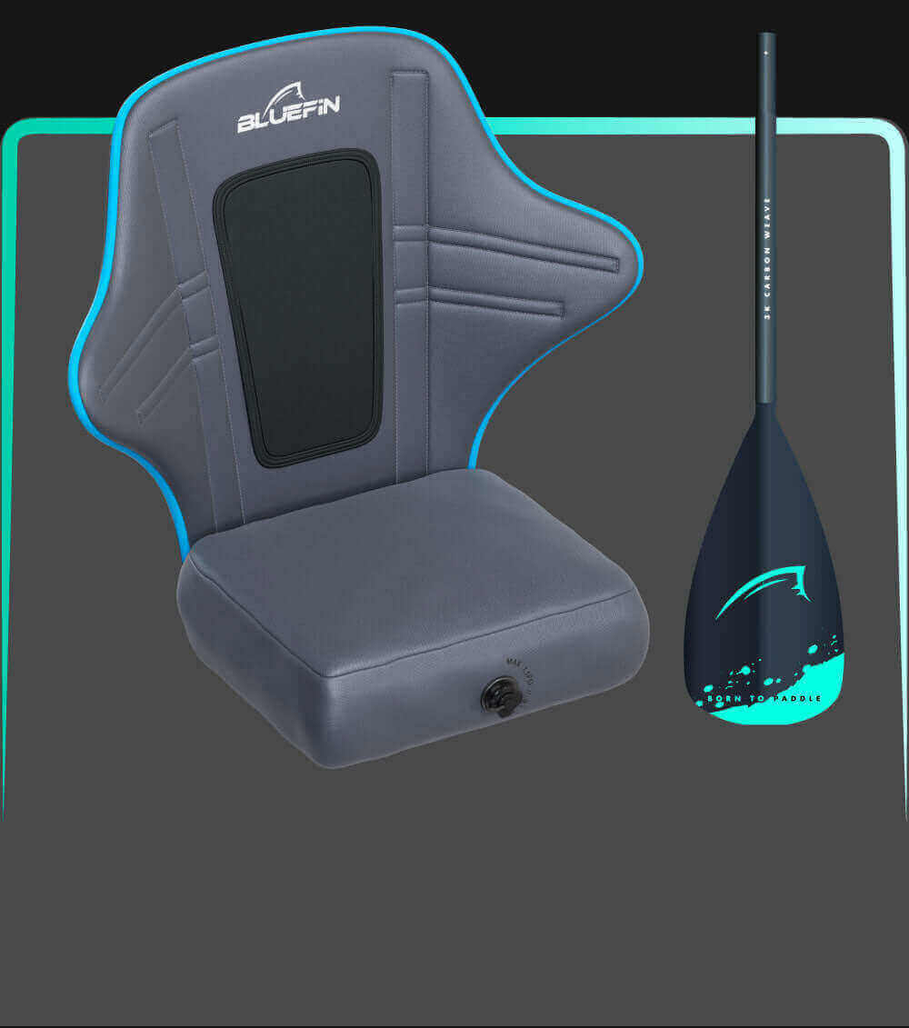 Gray inflatable seat with blue accents and a black backrest, next to a black paddle with blue design.