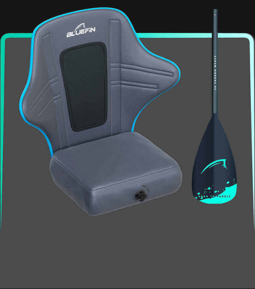 Gray inflatable seat with blue accents and a black backrest, next to a black paddle with blue design.
