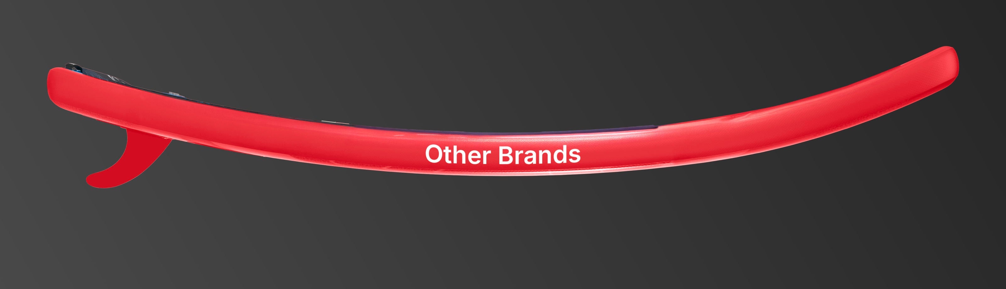 Red paddleboard with a curved shape and a fin, labeled 'Other Brands' along the side
