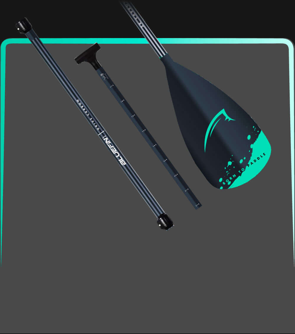 Three-piece paddle with a black shaft, teal blade, and adjustable length for paddleboarding.