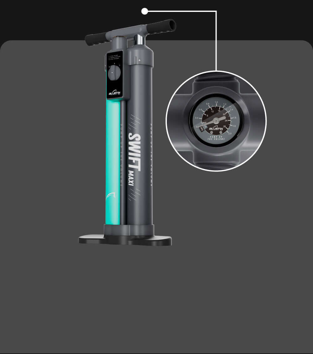 Inflatable paddleboard pump with pressure gauge and dual-action handle for efficient inflation