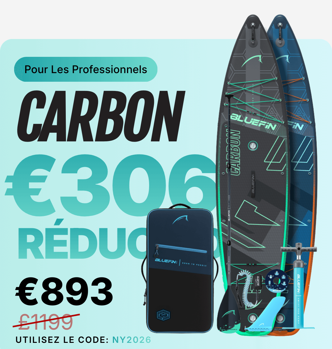 Two inflatable paddleboards with a carry bag, pump, and accessories, featuring a textured deck and fins.