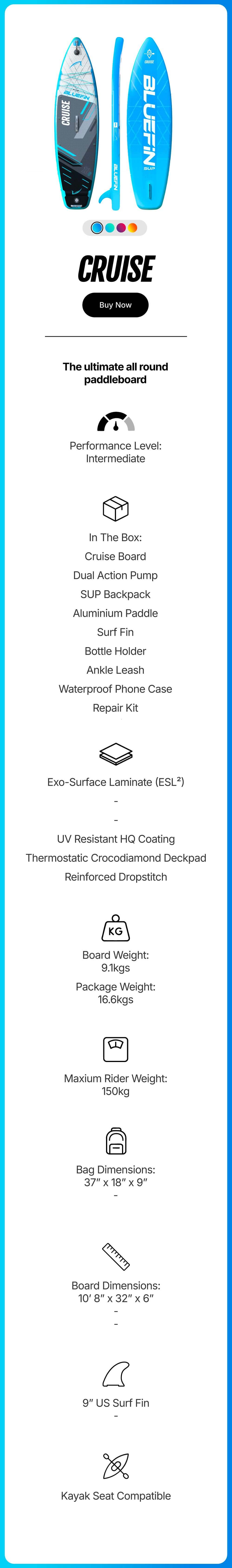 Inflatable paddleboard with blue and black design, center fin, and textured deck pad for stability