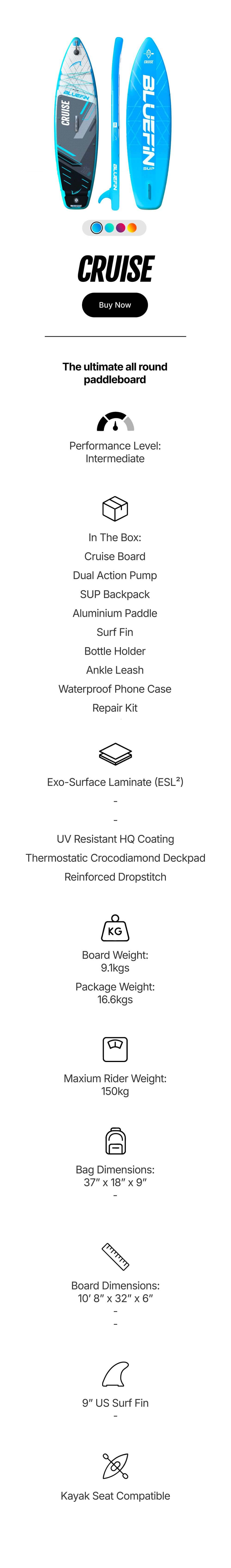 Inflatable paddleboard in blue and black with textured deck, center fin, and included accessories
