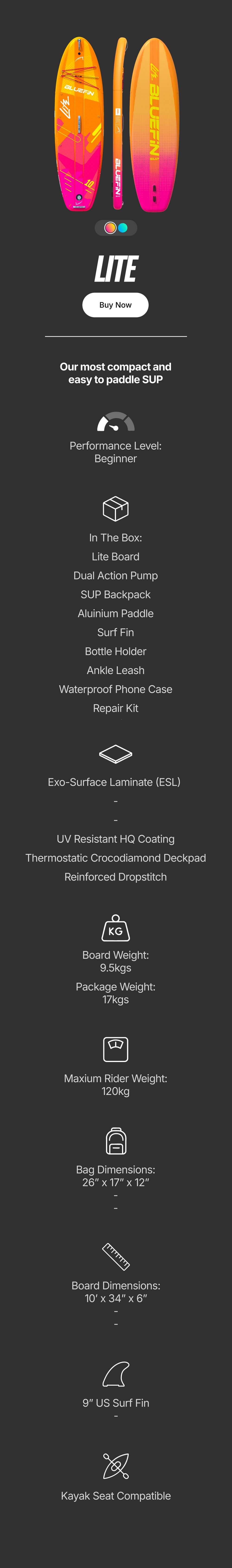 Inflatable paddleboard with vibrant colors, textured deck pad, and center fin for beginners.