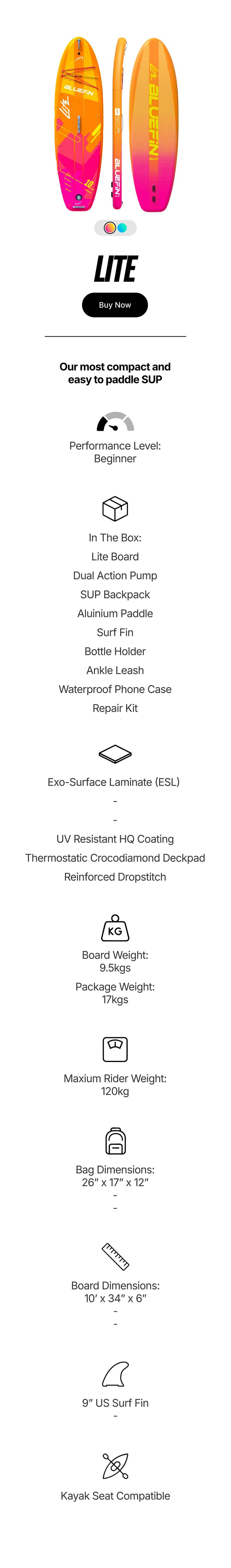 Inflatable paddleboard in orange and pink with textured deck pad and center fin, includes accessories.