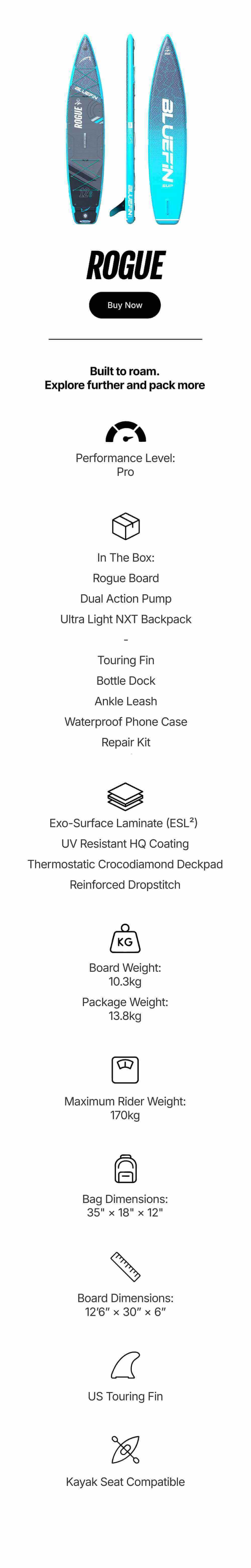 Inflatable paddleboard with blue design, center fin, textured deck pad, and valve for easy inflation