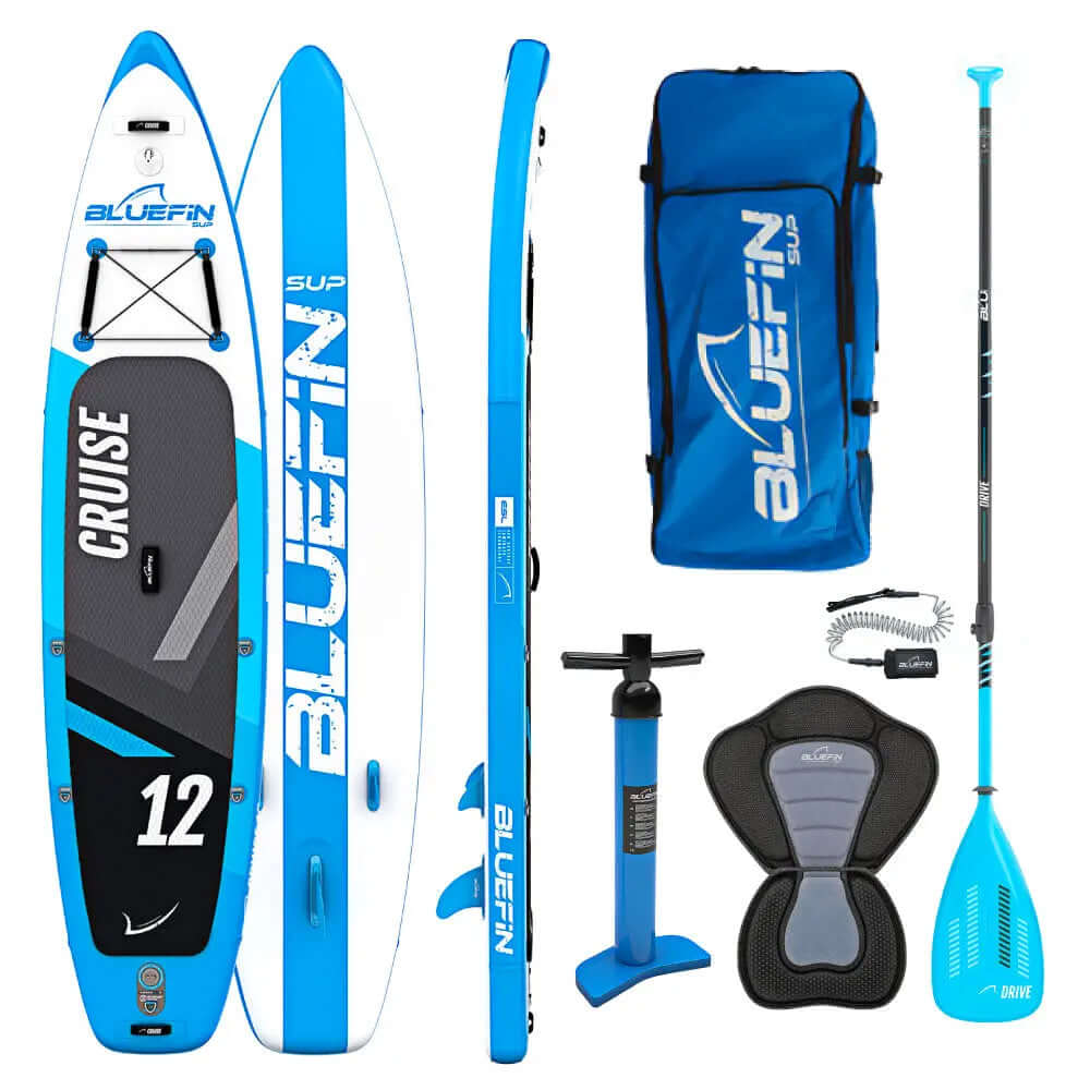 Inflatable paddleboard with blue and white design, paddle, pump, backpack, and seat included