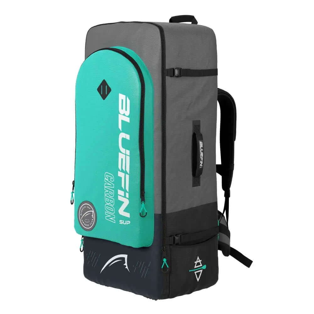 Gray and teal backpack with logo, designed for carrying paddleboards, featuring padded straps and zippers.