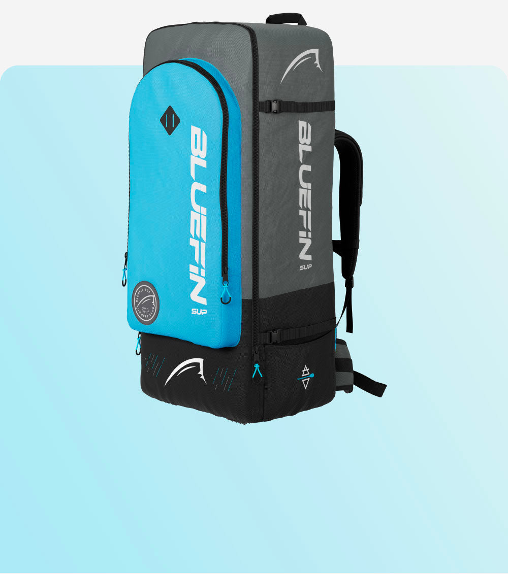 Gray and blue backpack with logo, front pocket, and adjustable straps for carrying gear.