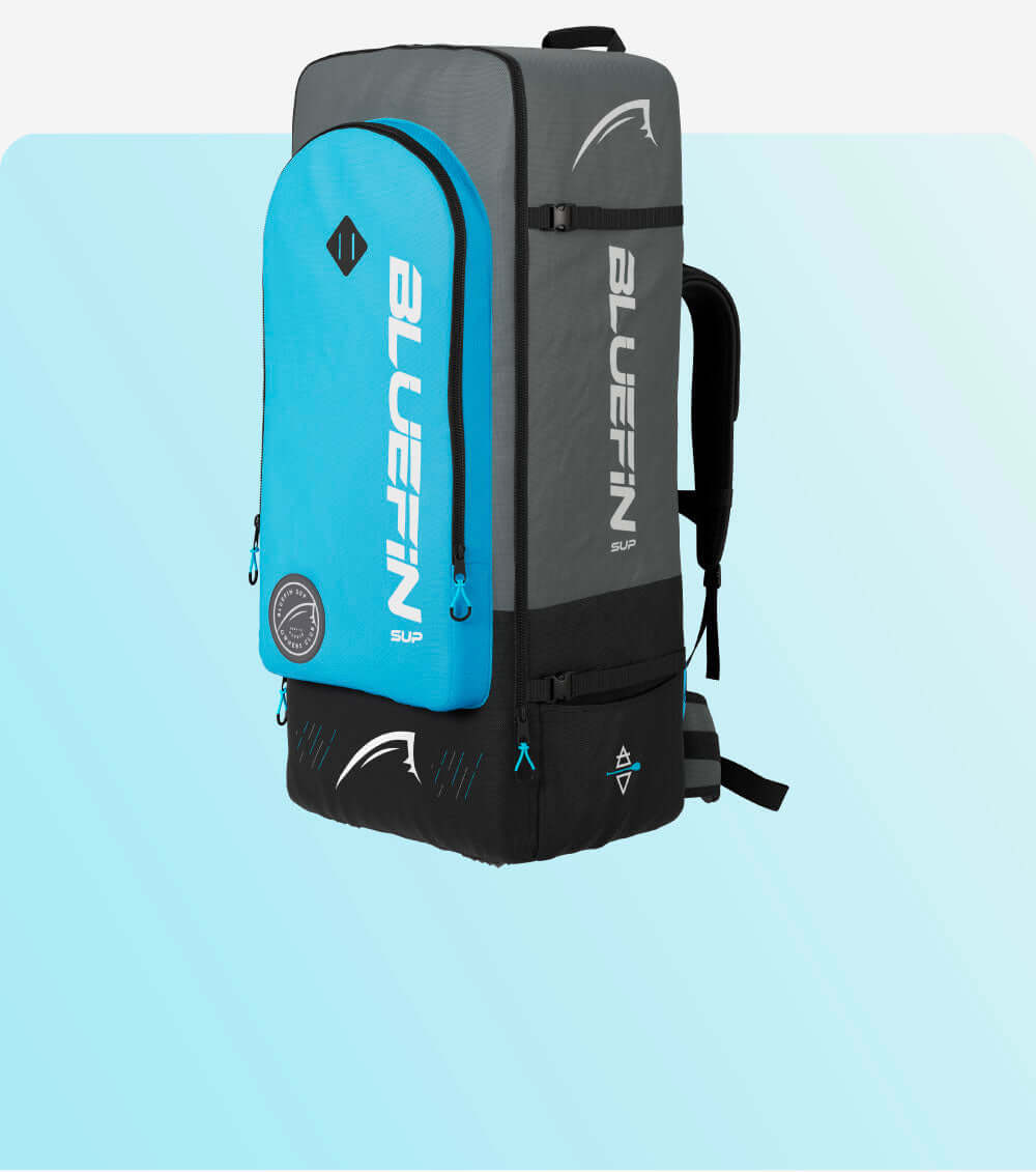 Gray and blue backpack with logo, front pocket, and adjustable straps for carrying gear.