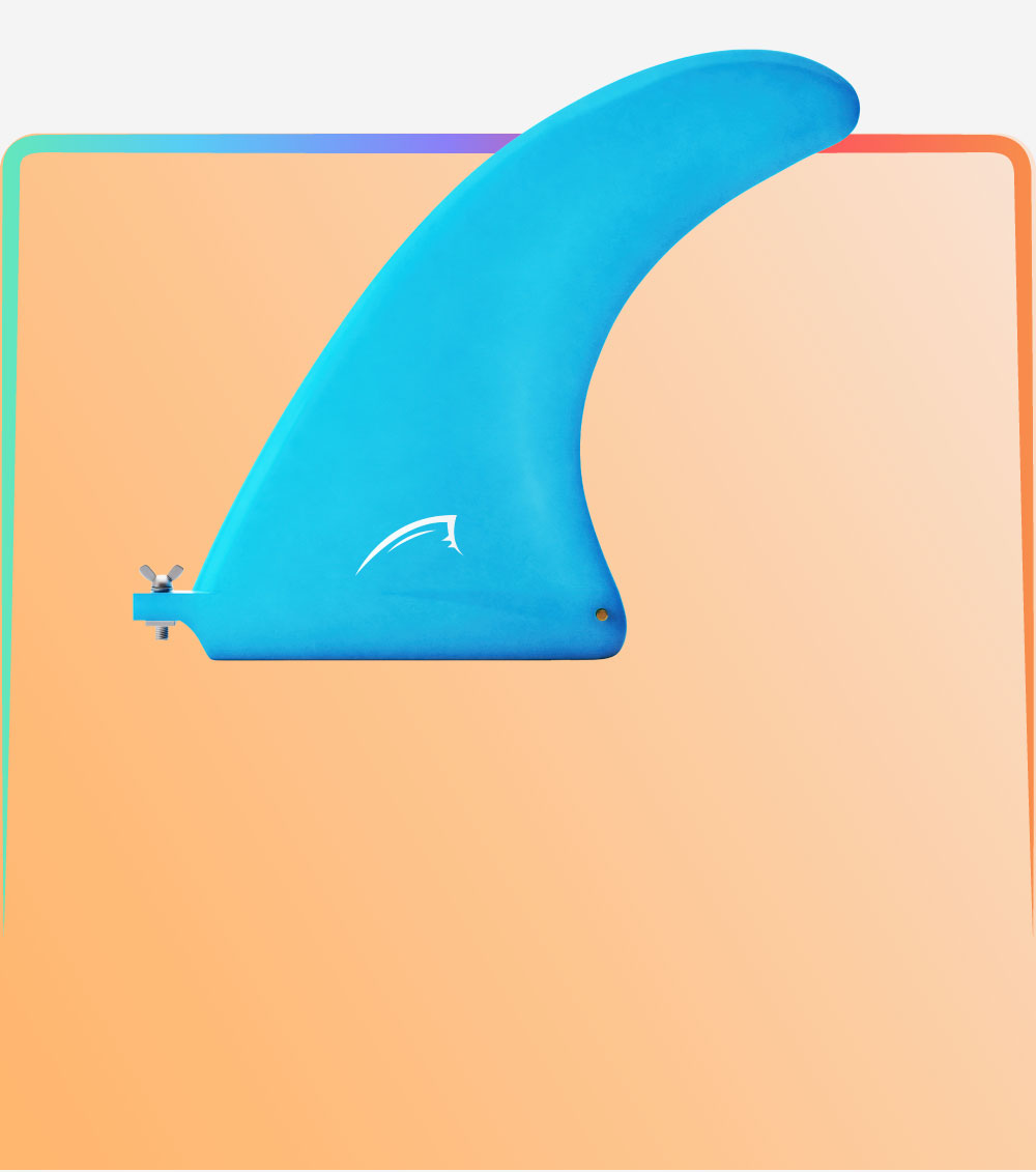 Blue fin for paddleboard with a mounting screw, curved shape and logo detail