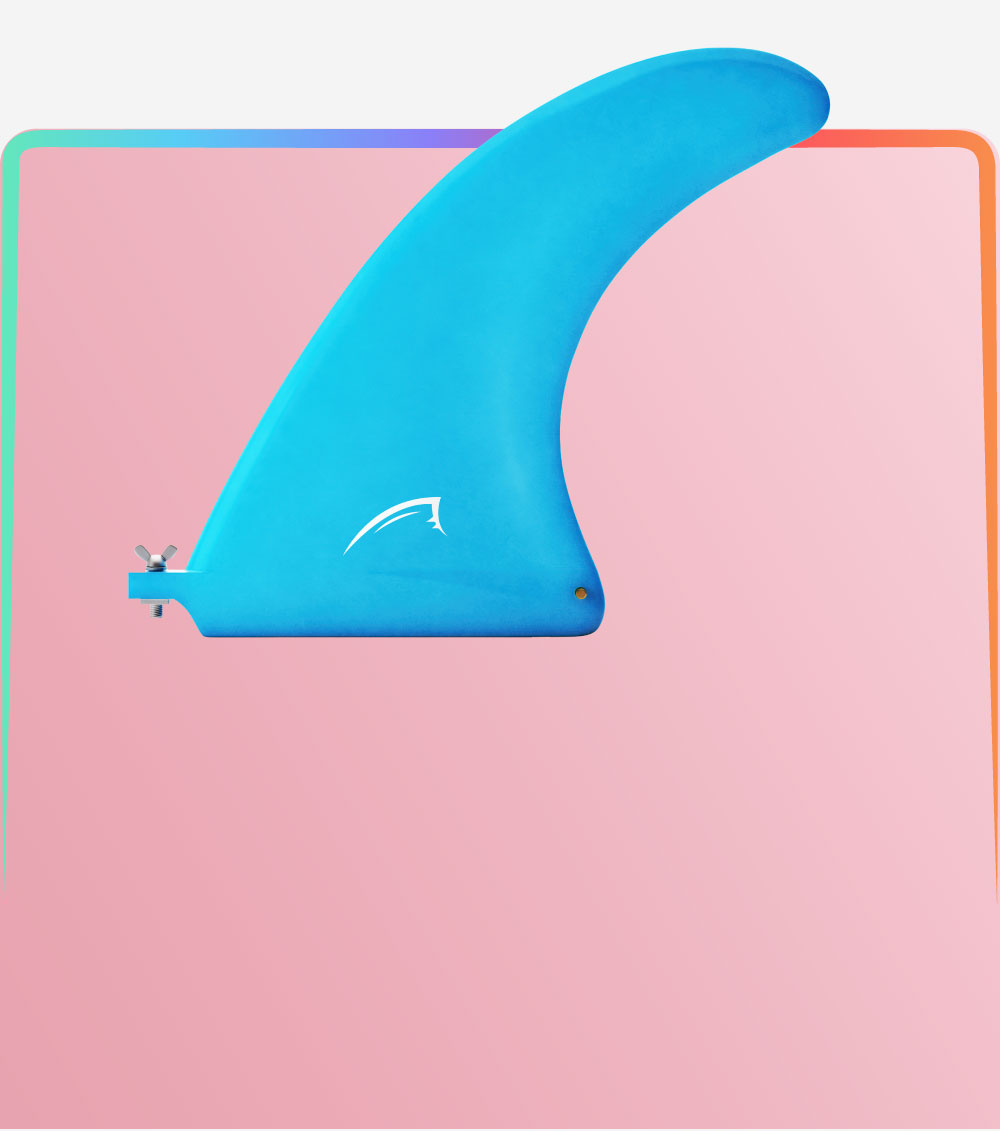 Blue surfboard fin with a white logo, mounted on a pink background with colorful edges