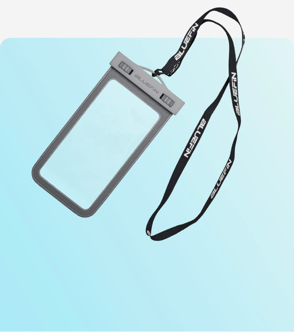Clear waterproof phone case with gray edges and a black lanyard, suspended against a light blue background