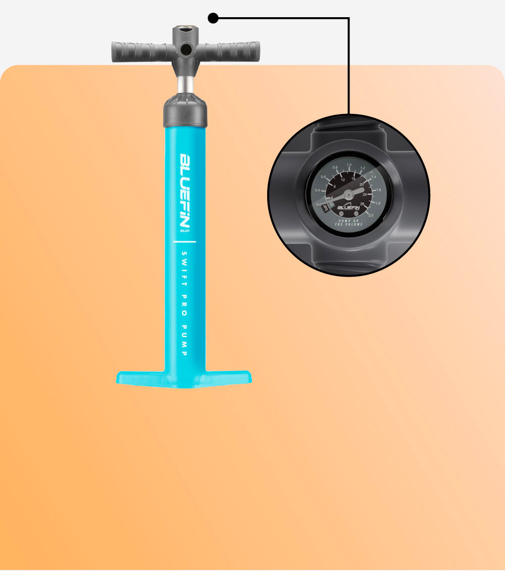 Bluefin Swift Pro Pump in turquoise with a pressure gauge on the side for inflating paddleboards.