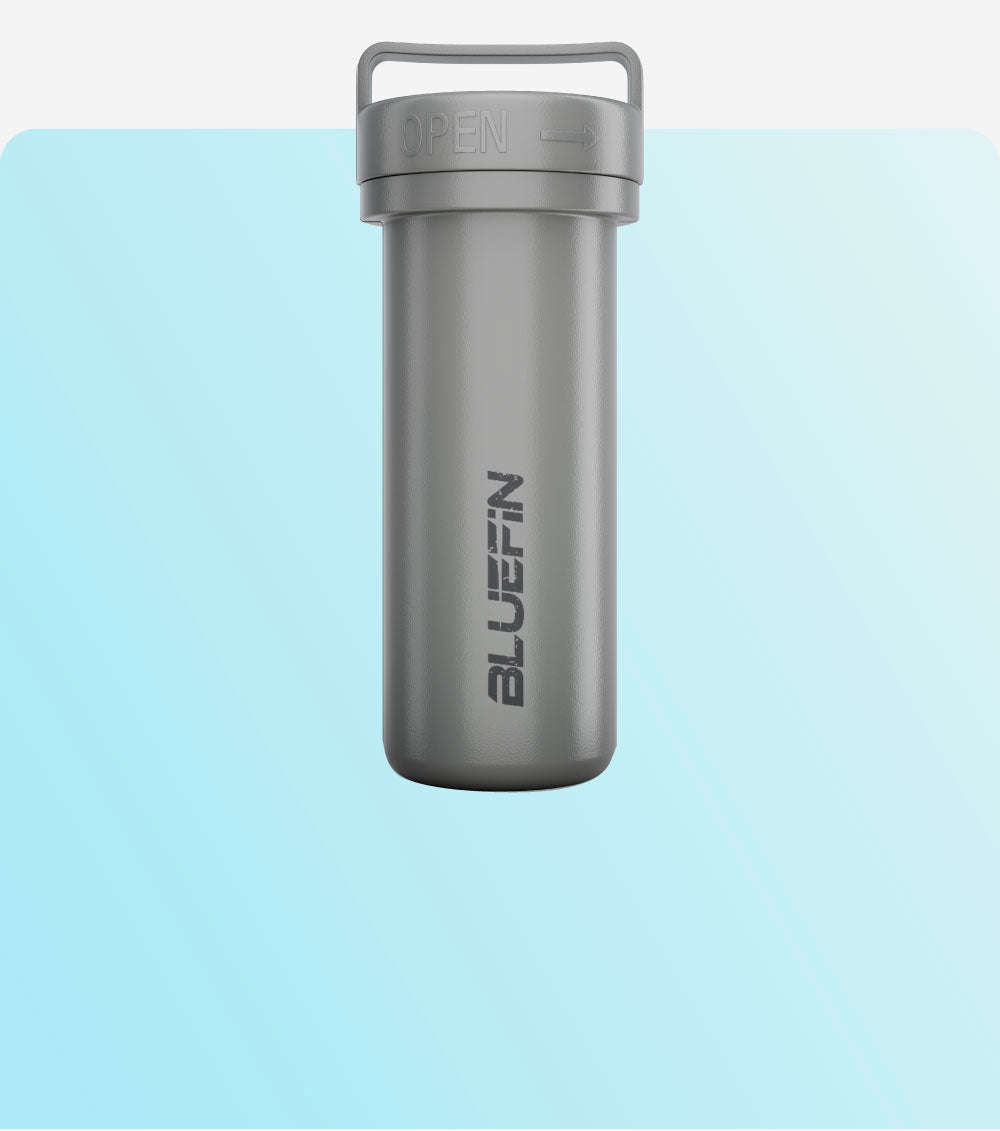Gray waterproof container with an open lid, featuring the Bluefin logo on the side.