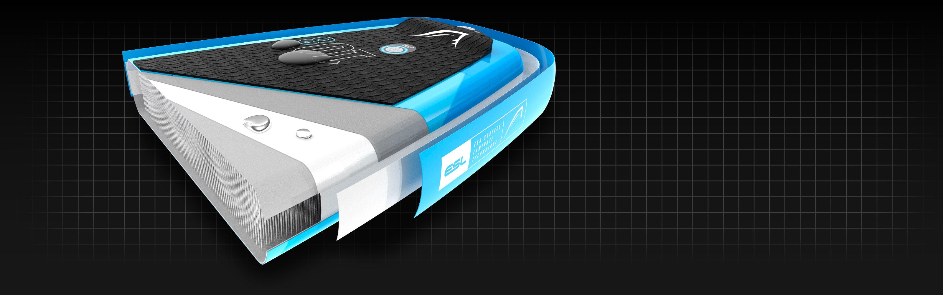 Inflatable paddleboard showing textured deck pad, center fin, and inflation valve design