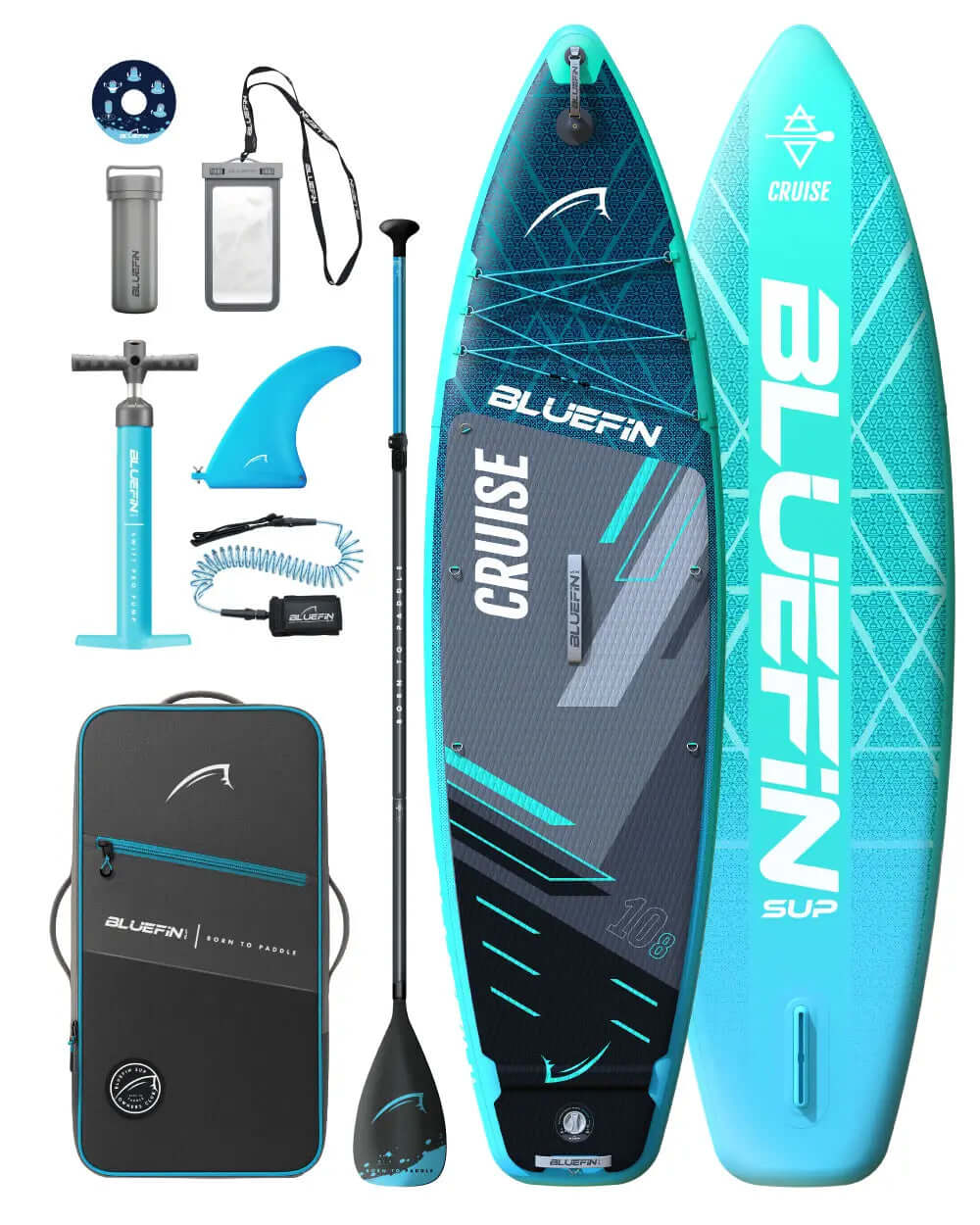 Inflatable paddleboard kit with paddle, pump, fin, backpack, and waterproof case in blue and black colors.