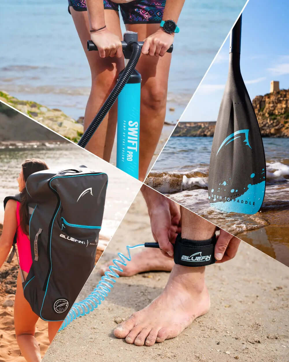 Collage of paddleboarding gear: pump, paddle, backpack, and ankle leash on beach sand.