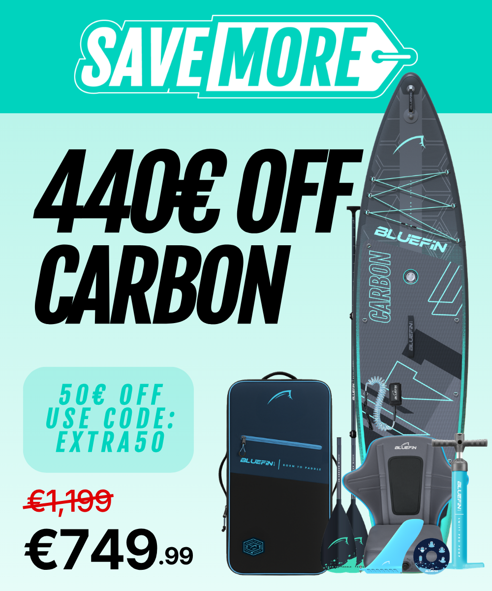 Inflatable carbon paddleboard with paddle, pump, backpack, and seat, showing price and discount details