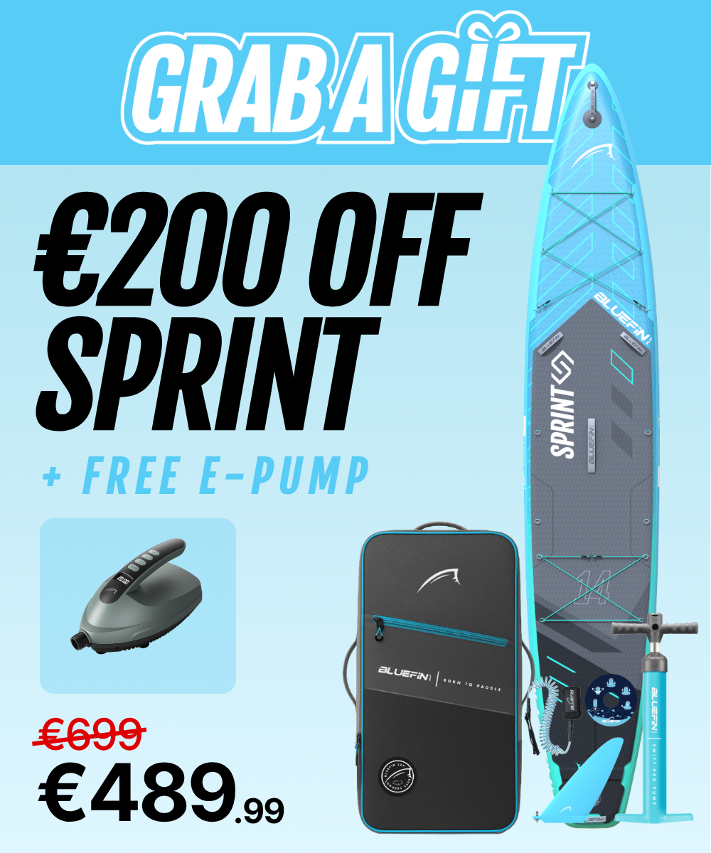 Inflatable paddleboard with blue and gray design, e-pump, and carrying bag, marked €200 off