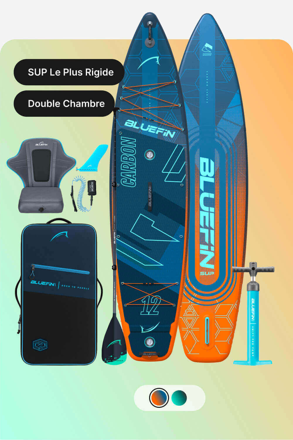 Inflatable paddleboard with blue and orange design, paddle, pump, seat, and carry bag included.