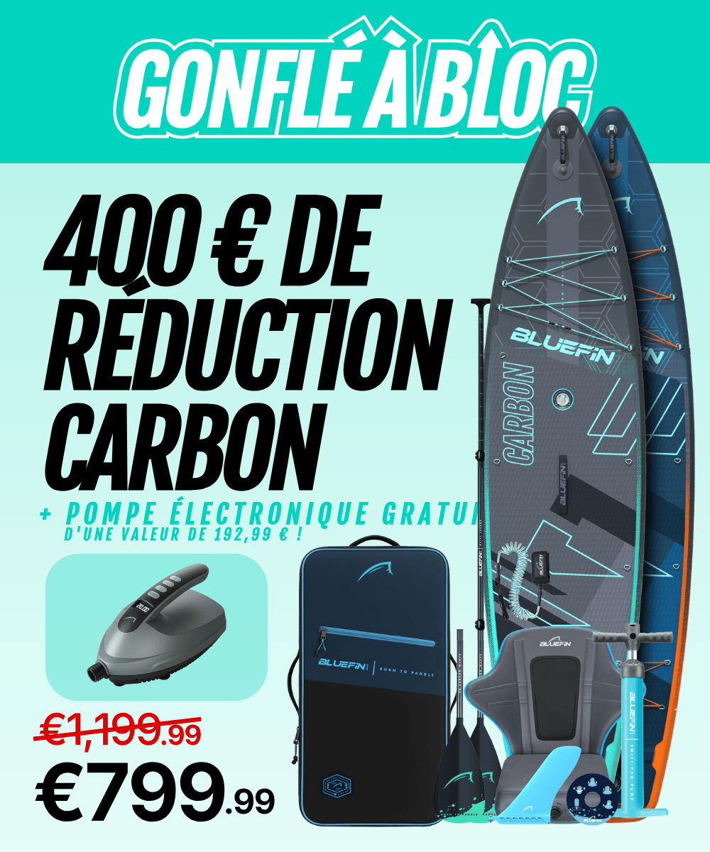 Inflatable paddleboard with accessories, price reduction, and free electric pump offer displayed.