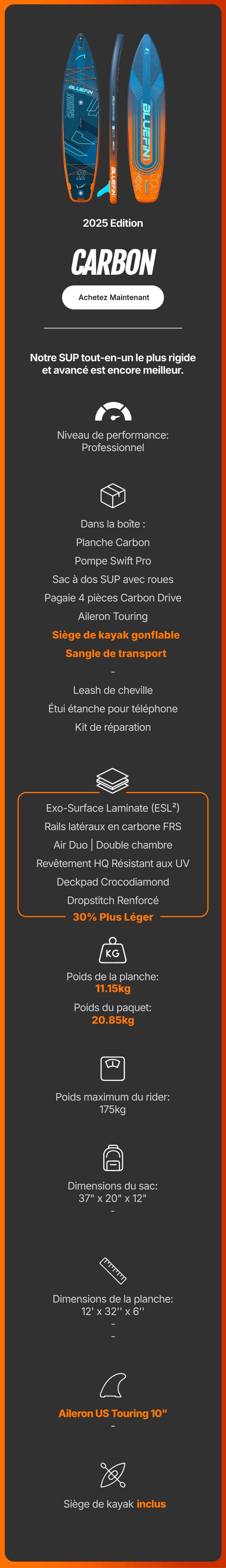 Inflatable paddleboard with blue and orange design, textured deck pad, and multiple accessories listed.