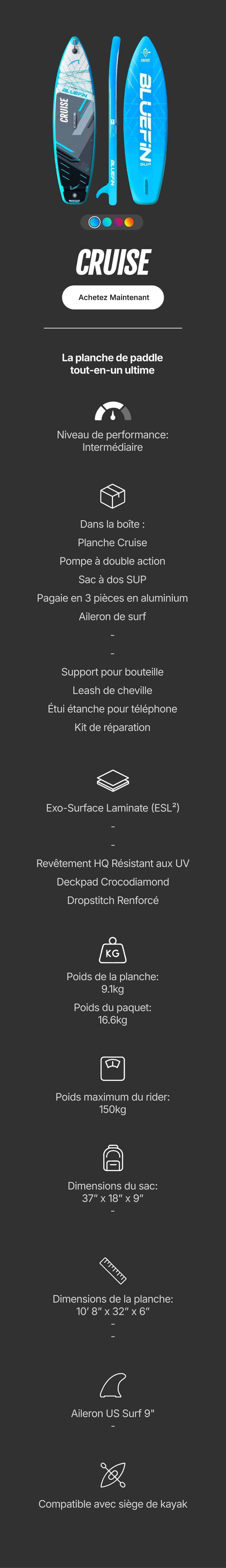 Inflatable paddleboard with blue and black design, textured deck pad, and center fin for stability