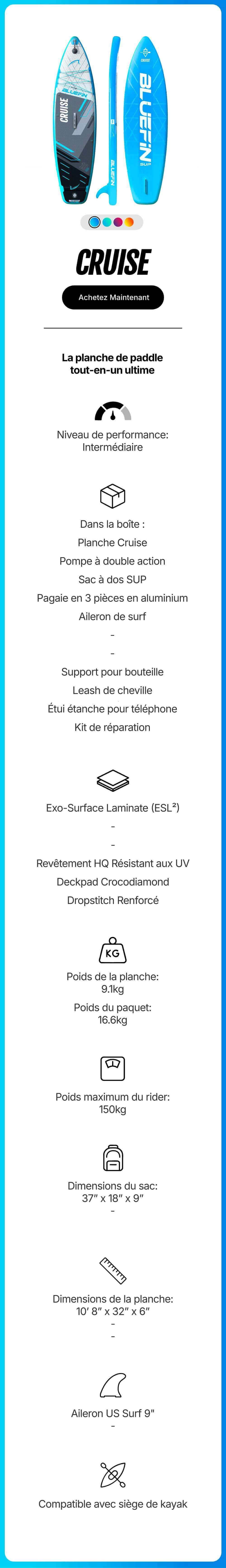 Inflatable paddleboard with blue design, center fin, textured deck pad, and carrying bag included