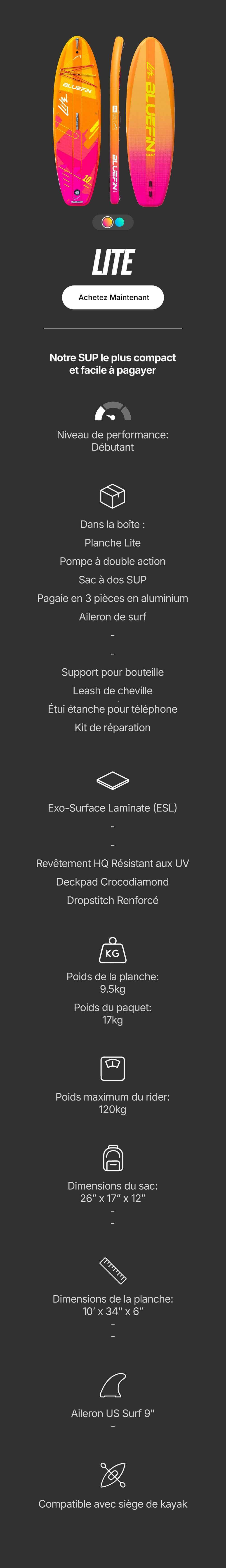 Inflatable paddleboard with vibrant orange and pink design, center fin, and textured deck pad