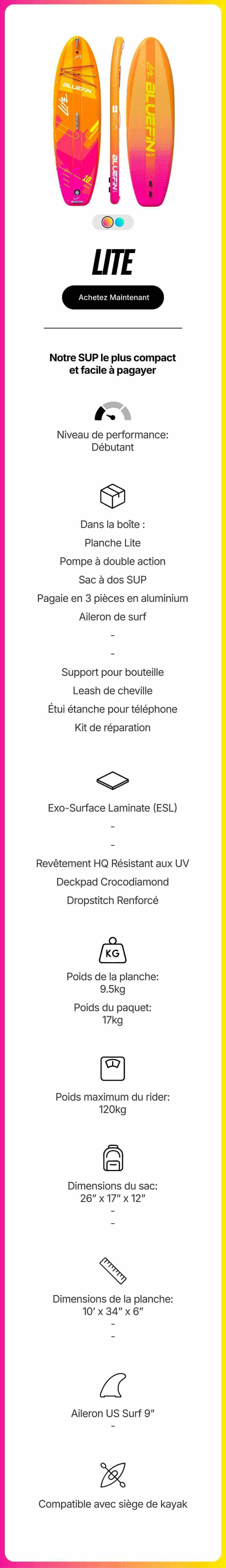 Inflatable paddleboard in orange and pink with textured deck pad, fin, and inflation valve