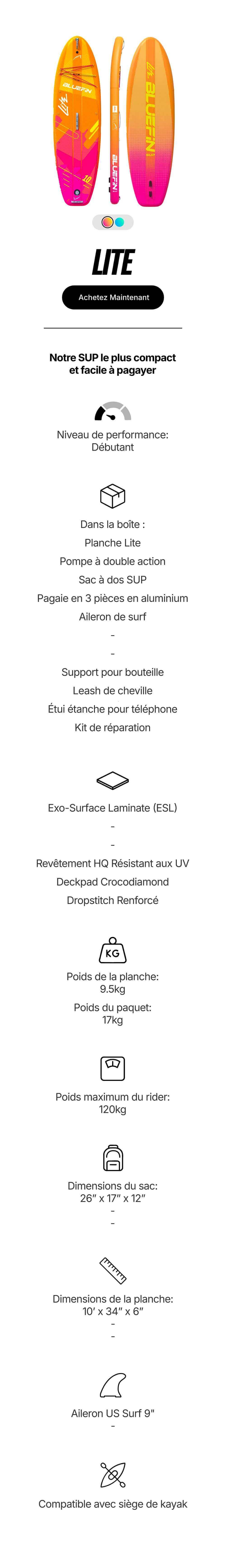 Inflatable paddleboard in orange and pink with textured deck pad, center fin, and carrying bag dimensions